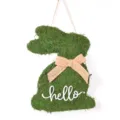 Easter moss bunny hanging sign detail, green moss rabbit decor with burlap bow and hello text. - 74796+Letters