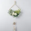 Nordic wall hanging artificial flower iron art decor with white roses and wooden beads. - White