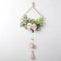 Nordic wall hanging decor with artificial pink roses, golden iron ring, wooden beads and tassel. - Pink