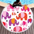 Round beach towel with cute cartoon elephant pattern and tassel fringe for summer vacation. - Colorful Elephant (01)