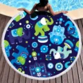 Round beach towel with cute cartoon elephant print and tassels, perfect for outdoor summer and yoga. - Elephant Floral (02)