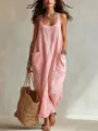 Detail view of pink loose sleeveless linen sling long dress with practical side pockets. - XS / Dresses / Pink