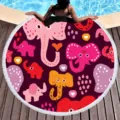 Round microfiber beach towel detail with colorful cartoon elephant print and stylish tassel trim. - Elephant Hearts (03)