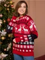 Close-up details of the red Christmas knitted sweater with reindeer and snowflake patterns. - S / Tops / Red - Women