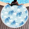 Round beach towel microfiber cartoon blue elephant print fringe yoga mat pool blanket - Elephant Clouds (06)