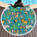 Round beach towel with vibrant cartoon jungle animal pattern, pool scene detail display view. - Tropical Jungle (08)