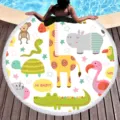 Round microfiber beach towel with cute cartoon animal print and tassel edge for summer vacation. - Cartoon Animals (09)