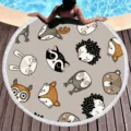 Round microfiber beach towel with cute cartoon animal print and fringe for summer holiday. - Cartoon Animals (10)