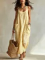 Summer casual linen blend strap jumpsuit detail showcasing functional side pockets and soft fabric. - XS / Dresses / Light Yellow