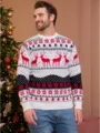 Men's Christmas reindeer jacquard long sleeve knit sweater, festive winter fashion apparel. - S / Tops / White Men