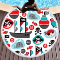 Round beach towel with cute pirate cartoon print and fringe, perfect for summer vacation. - Cartoon Pirate (12)