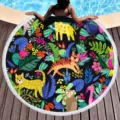 Round beach towel with colorful cartoon jungle animals print and tassels for summer pool party. - Jungle Animals (13)