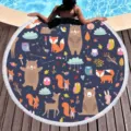 Detailed view of round microfiber beach towel featuring cute cartoon forest animal pattern and tassels. - Forest Animals (14)