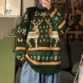 Christmas knit sweater for men, loose-fit casual crew neck pullover winter couple top fashion. - M / Tops / Green