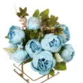 Light blue 13 heads artificial peony bouquet with green leaves fake floral arrangement decor - Spring Blue