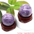 Natural lilac lepidolite crystal sphere detail view with wooden stand for home decor. - Purple Mica / 2.0cm