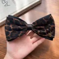 Retro leopard print hair bow clip with metal puppy charm, elegant ponytail spring clip - Dog Charm Bow Style / Coffee Leopard