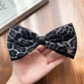 Retro leopard print bow hair clip with gold dog charm elegant ponytail spring barrette for women - Dog Charm Bow Style / Gray Leopard