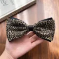 Retro leopard print bow hair clip with chic metal dog detail, stylish ponytail spring barrette. - Dog Charm Bow Style / Light Leopard