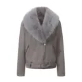 Mujer chaqueta de ante sintético gris con cuello de pelo mullido abrigo cálido de invierno - S / Tops / Gris