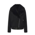 Chaqueta de motociclista con cuello de piel sintética negra abrigo de invierno cálido - S / Tops / Negro