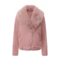 Chaqueta de ante rosa para mujer con cuello de piel sintética, abrigo de invierno cálido. - S / Tops / Rosa