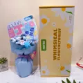Detailed close-up of a creative fabric pen bouquet in vibrant dopamine colors with gift box. - Blue Series