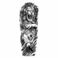 Full arm waterproof temporary tattoo sticker for men women, black realistic lion wolf design - TQB-336 / 170*480mm