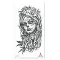 Pegatina de tatuaje temporal de mujer calavera con rosas, diseño de boceto en blanco y negro. - XQB-1281