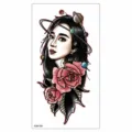 Autocollant de tatouage temporaire imperméable avec portrait de femme, rose et planète pour bras. - XQB-326 / 11.4*21CM