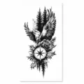 Temporary tattoo sticker with eagle, pine tree, rose, and compass design for arm and leg. - XQB-1298