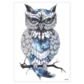 Waterproof temporary owl tattoo sticker with blue watercolor design, easy to apply and remove. - HB-453 / 148*210MM