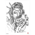 Waterproof temporary tattoo sticker featuring Japanese geisha and mask design, black sketch art. - HB-426