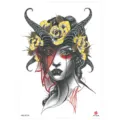 Waterproof temporary tattoo sticker with gothic demon geisha, black horns and yellow roses. - HB-471