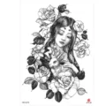 Waterproof temporary tattoo sticker featuring geisha and roses black white ink design. - HB-547