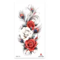 Colorful temporary tattoo sticker featuring red white roses and peacock feathers for body art. - XQB-1313