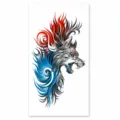Waterproof temporary tattoo sticker with fierce wolf head and tribal red blue fire design. - XQB-1273 / 11.4x21cm