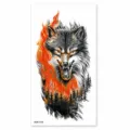 Waterproof temporary tattoo sticker with fierce wolf and flame forest design for arm and body. - XQB-1276 / 11.4x21cm