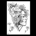 Tatouage temporaire noir de croquis de fleurs et femme pour art corporel étanche. - TH-397 / 148*210MM