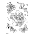Feuille d'autocollants de tatouage temporaire noir et blanc avec pivoine, papillon, serpent et fleurs. - HB-057X