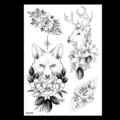 Feuille de tatouage temporaire noire de croquis avec renard cerf et fleurs pour art du corps. - HB-283X / 148*210MM