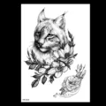 Autocollant de tatouage temporaire étanche avec croquis en noir et blanc de chat sauvage et fleurs. - HB-422X / 148*210MM
