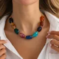 Detail view of the colorful gemstone beaded clavicle necklace with gold-toned spacers. - Colorful Geometric Beaded Choker (Style 1)