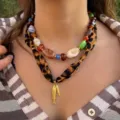 Layered beaded and leopard scarf necklace set with gold fish charms for women fashion daily wear. - Leopard Print Scarf Fish Pendant Necklace (Style 3)