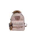Cute leopard print PU velvet mini backpack with brown bow and bear pendant for women detail view. - Without Pendant / Pink Leopard