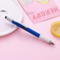 Multi-functional tool ballpoint pen with touch screen stylus, blue body, and bubble level. - Dark Blue