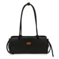 Detail shot of the black leather PU women shoulder bag with exquisite quilted texture and lock. - Black