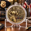 Detailed view of a unique police challenge coin featuring a vintage pin-up officer and handcuffs design. - Style B