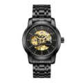 Men's automatic mechanical watch with black steel bracelet and gold skeleton dial design. - Black Steel Gold Dial