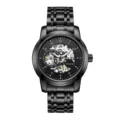 Black automatic mechanical watch for men featuring a skeleton dial and stainless steel strap. - Black Steel Black Dial